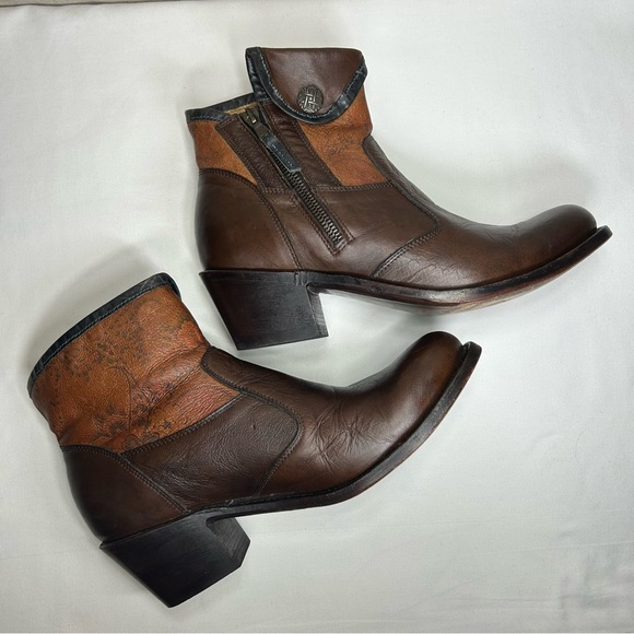 JB Dillon Reserve Brown Leather Paisley Pattern Zip Cowgirl Trendy Ankle Boots 8 - Picture 2 of 16